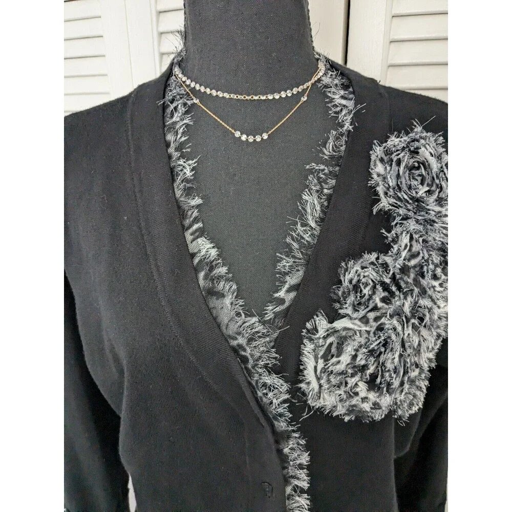 RED Brand Sweater Women's 2X Black V Neck Cardigan 3D Flowers Leopard Chiffon